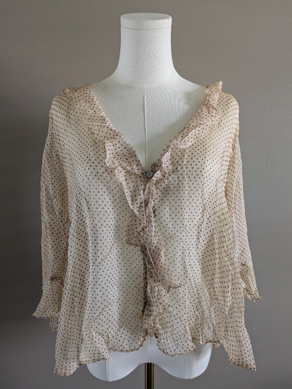 Kimchi Blue Beige Cream & Black Polka Dot Ruffle Button Down Sheer V Neck Top